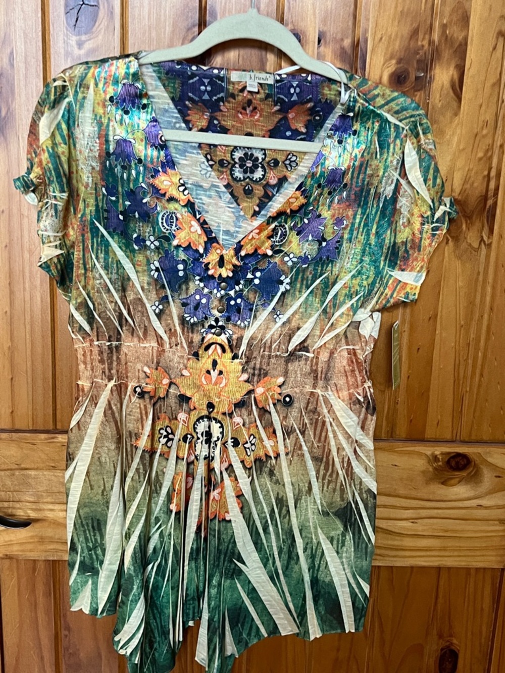 Boho Floral V-Neck Tunic Top in Green & Orange